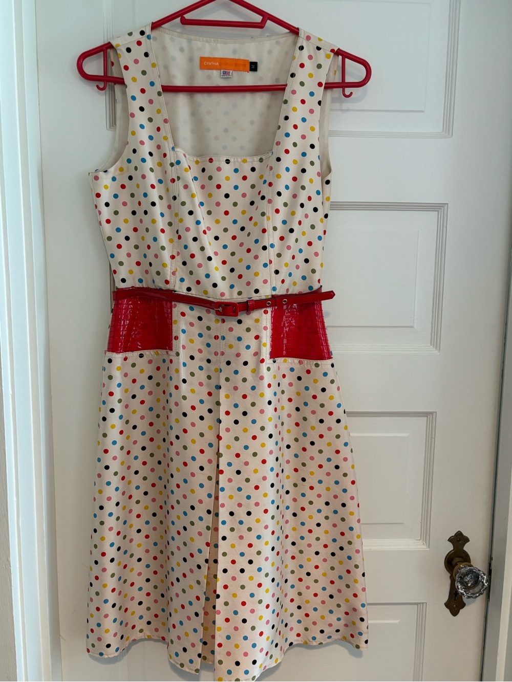 Vintage Cynthia Steffe Silk Sheath Dress Cream Polka Dot with Patent Red Accents